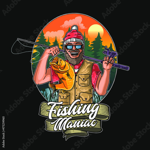 fishing maniac illustration vector graphic