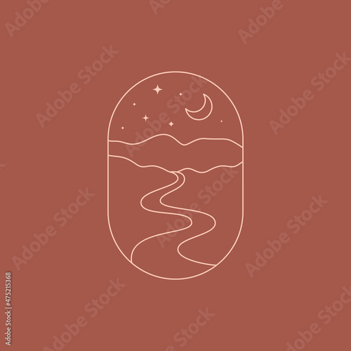 Boho Landscape Logo in Trendy Minimal Liner Style. Vector Bohemian Labels with River and Moon Terracotta Color