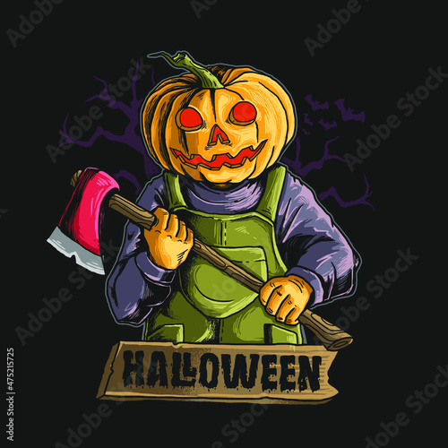 pumpkin head with big axe illustration vector graphic