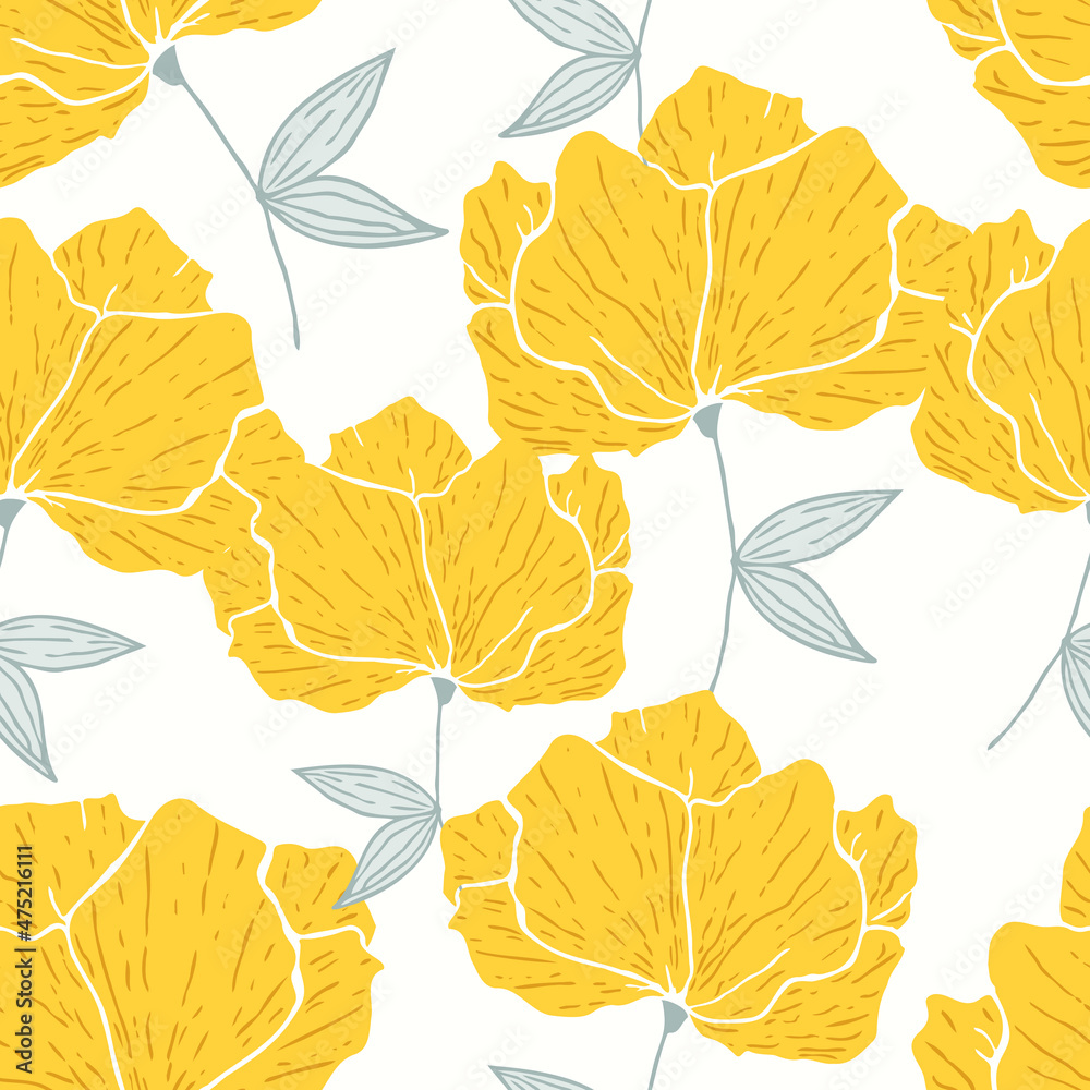 Seamless pattern with spring flowers and leaves. Hand drawn background. floral pattern for wallpaper or fabric. Botanic Tile.