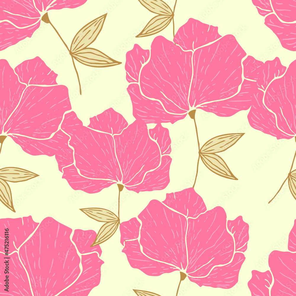 Seamless pattern with spring flowers and leaves. Hand drawn background. floral pattern for wallpaper or fabric. Botanic Tile.