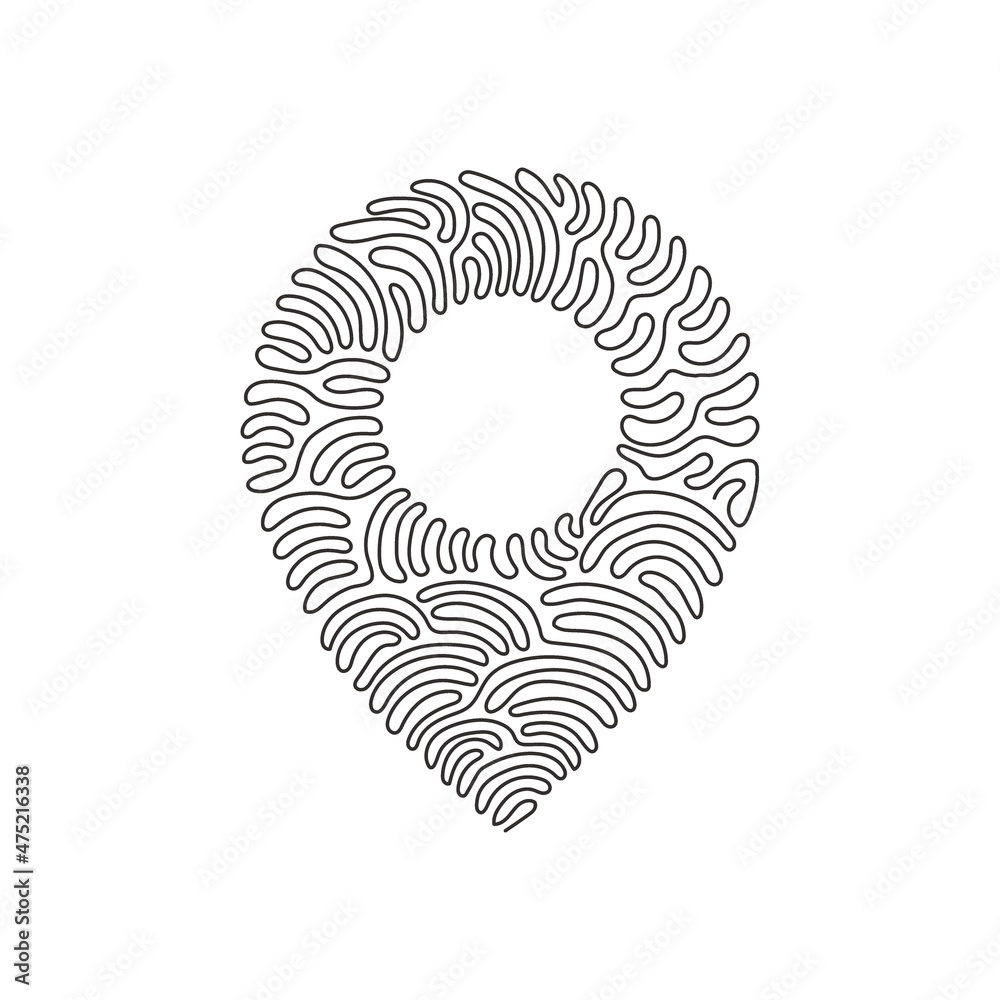 Single continuous line drawing map pin. Line with editable stroke. Location pin icon. Outline figures for ui and ux, website, mobile app. Swirl curl style. One line draw design vector illustration