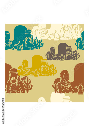Editable Arab Couple Having Arabic Coffee Vector Illustration With Dallah Pot and Finjan Cups as Seamless Pattern for Creating Background of Islamic Moments or Arabian Culture Cafe Related Design