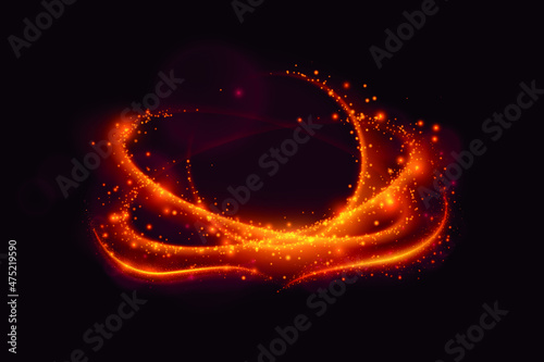 Vector magic gold circle. Glowing fire ring trace. Glitter sparkle whirl trail effect on black background