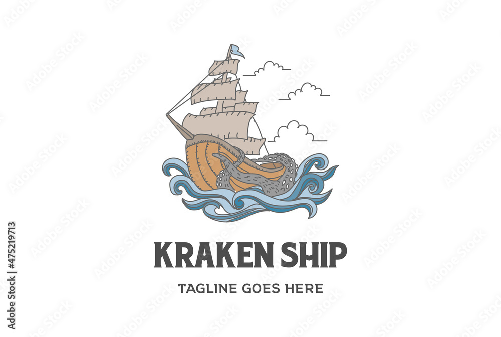 Vintage Viking Ship with Giant Octopus and Wave Logo Design
