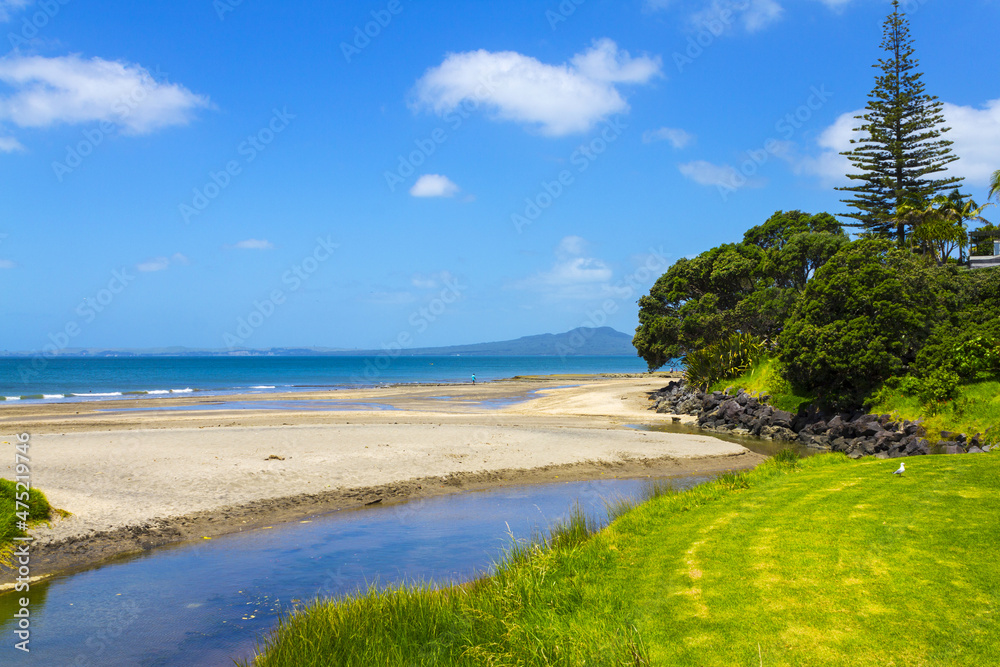 Landscape View of Mairangi Bay Beach Auckland, New Zealand; Place for Picnic and Relaxing; Rangitoto Island as a background