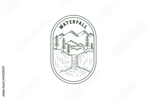 Vintage Retro Pine Evergreen Fir Larch Cypress Conifer Trees Forest with Mountain and Waterfall Badge Emblem Label Logo Design