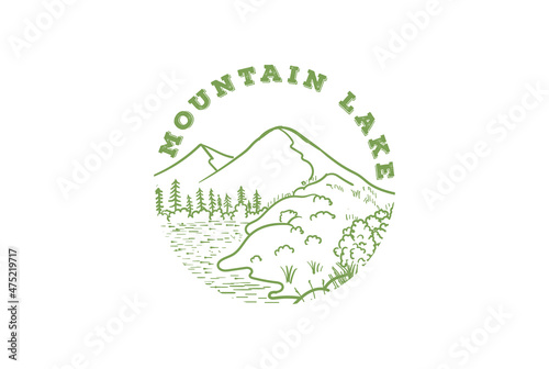 Mountain Pine Forest with Lake River Creek and Island Logo Design