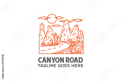 Vintage Retro Texas Canyon with Road and Cactus Desert Logo Design Vector