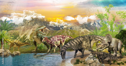 Dinosaurs in the park by the lake. 3d image