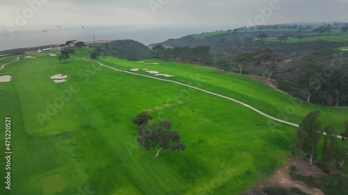 verdant grass of Torrey Pines Golf Course in La Jolla community, San Diego, California. Aerial photo