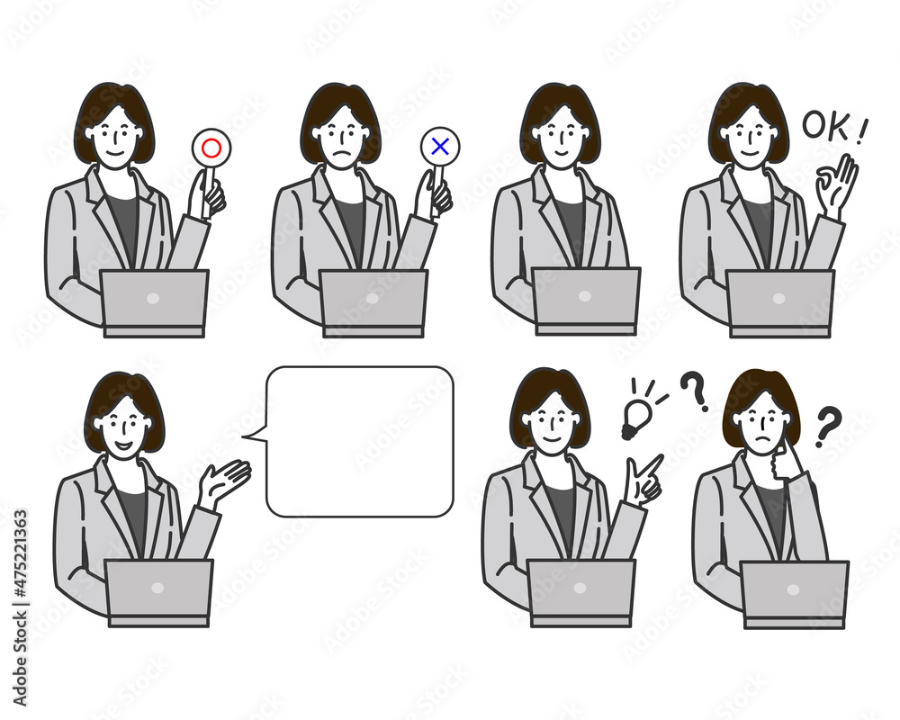 スーツ姿のビジネスウーマンがパソコンの前に座りマルバツやオッケーなどの表情バリエーションの白背景に線画のシンプルなイラスト