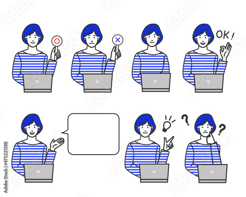 カジュアルでお洒落な服装のWEBデザイナー風の若い女性がパソコンの前に座りマルバツやオッケーなどの表情バリエーションの白背景に線画のシンプルなイラスト