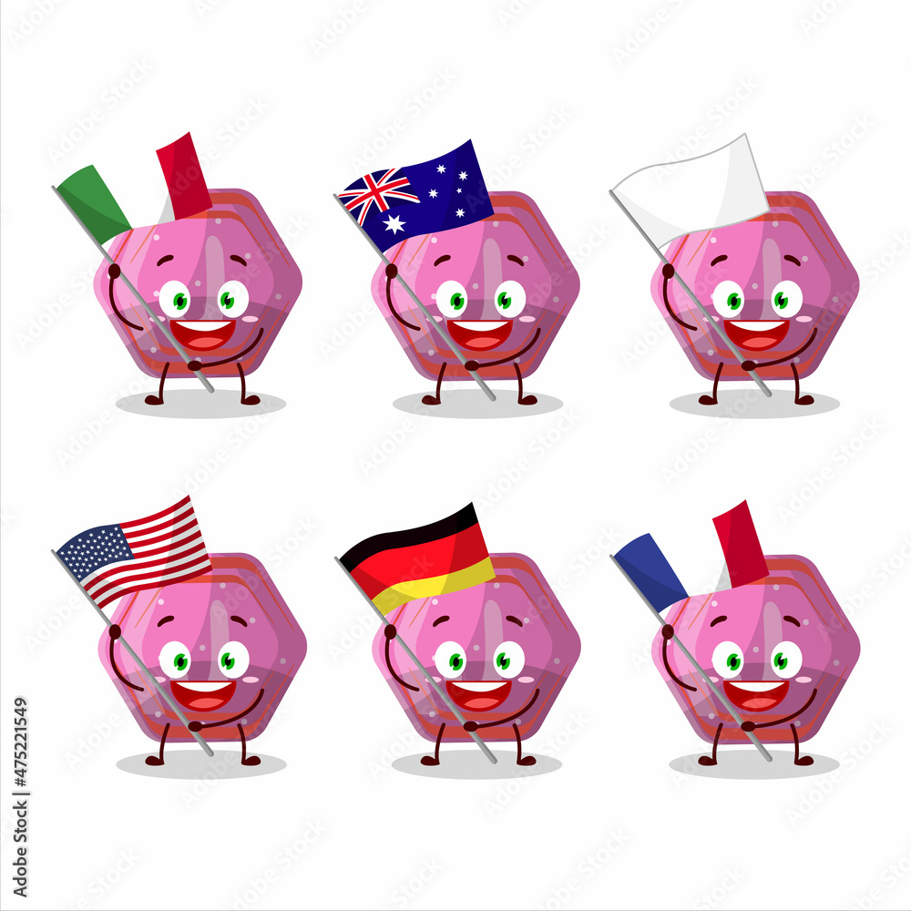 Fototapeta premium Pink gummy candy j cartoon character bring the flags of various countries
