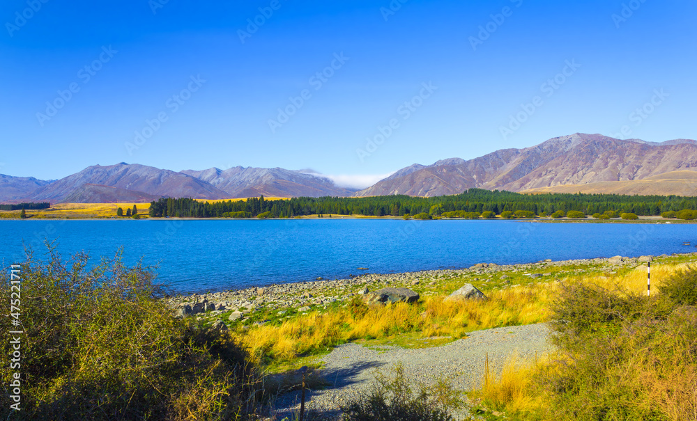 Panoramic View Lake Tekapo South Island, New Zealand in Sunny Day