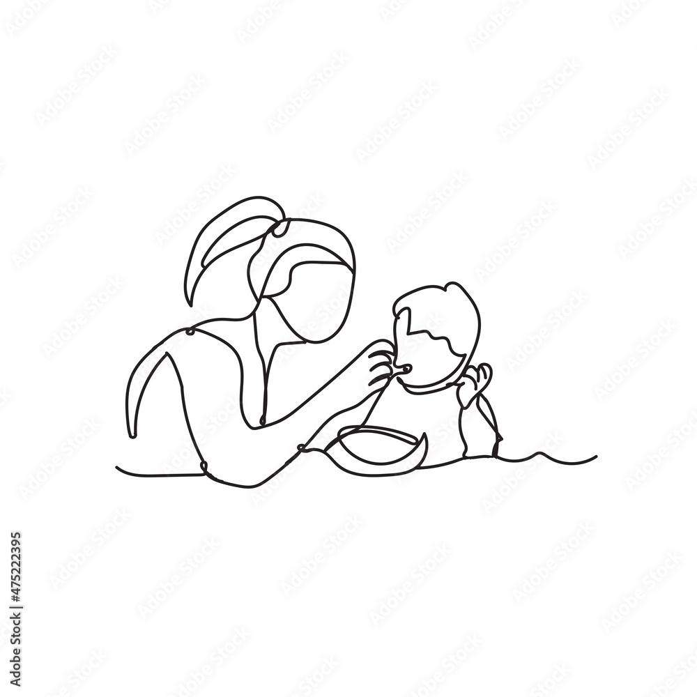 Continuous line drawing. mother is feeding her child with a spoon .Illustration icon vector