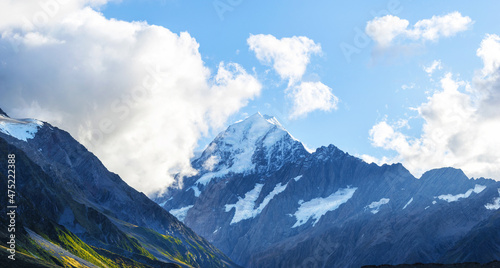 Panoramic View of Aoraki or Mount Cook National Park in the Canterbury Region of South Island, New Zealand; Aoraki or Mount Cook is the highest mountain in New Zealand