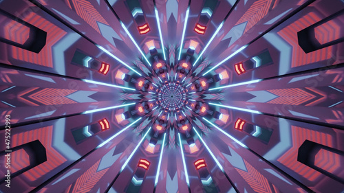 3D rendering of futuristic kaleidoscopic patterns background in vibrant blue and redcolors photo