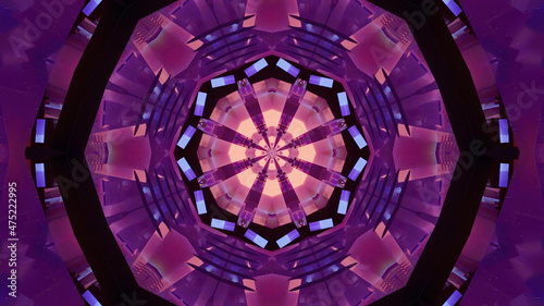 3D rendering of futuristic kaleidoscopic patterns background in vibrant blackand purple colors photo