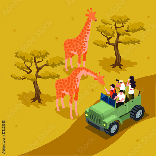 African safari tour tourists taking photos of Giraffe isometric 3d vector concept for banner, website, illustration, landing page, flyer, etc.
