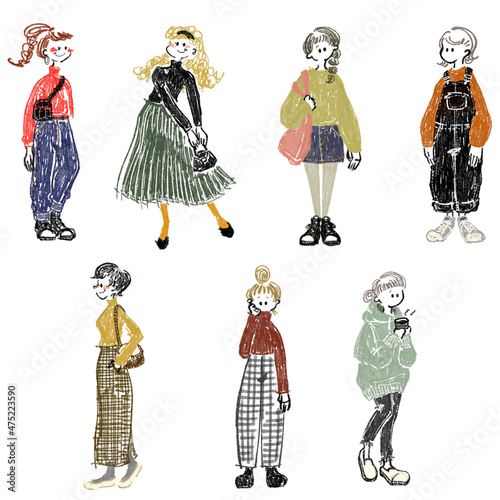 秋冬ファッションの女性セット手描きイラスト