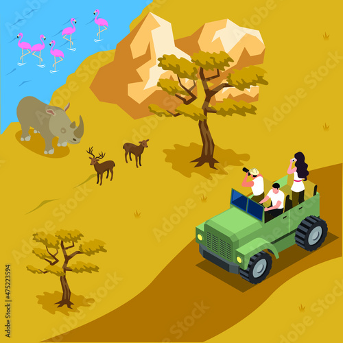 African safari tour tourists taking photos of animals isometric 3d vector concept for banner, website, illustration, landing page, flyer, etc.
