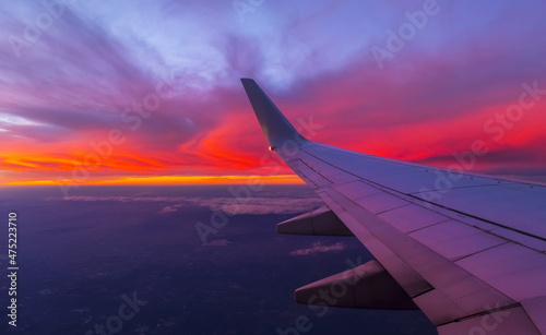 Sunset Scenery from Airplane Window; Colorful Sky