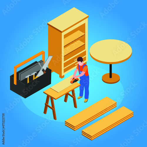 Profesional carpenter working on wooden table and cupboard isometric 3d vector concept for banner, website, illustration, landing page, flyer, etc.