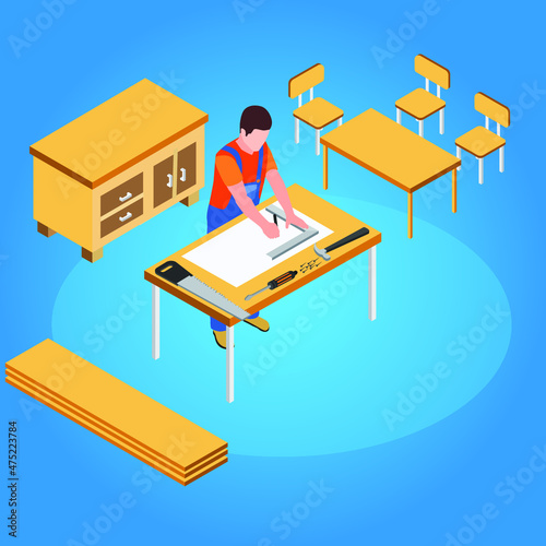 Professional carpenter working on wooden table set and cabinet isometric 3d vector concept for banner, website, illustration, landing page, flyer, etc.