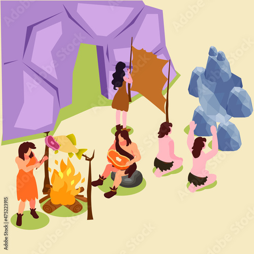 Cavemen worship god isometric 3d vector concept for banner, website, illustration, landing page, flyer, etc.