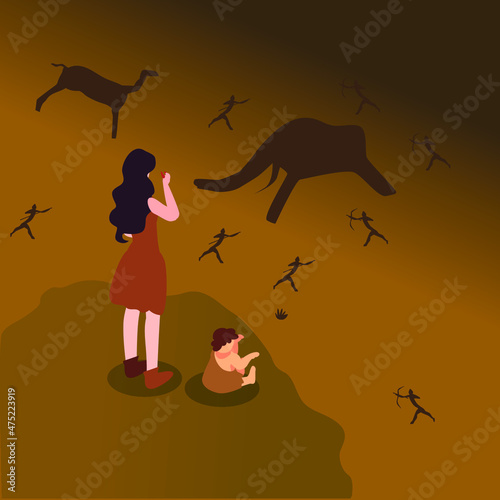 Cavemen drawing on cave wall isometric 3d vector concept for banner, website, illustration, landing page, flyer, etc.