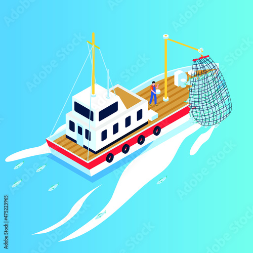 Fishing vessel at work isometric 3d vector concept for banner, website, illustration, landing page, flyer, etc.