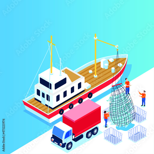 Fishing vessel is unloading at dock isometric 3d vector concept for banner, website, illustration, landing page, flyer, etc.