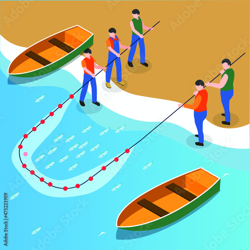 Fishermen pulling fishing nets isometric 3d vector concept for banner, website, illustration, landing page, flyer, etc.