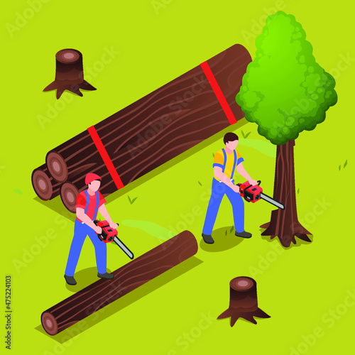 Workers cutting trees isometric 3d vector concept for banner, website, illustration, landing page, flyer, etc.