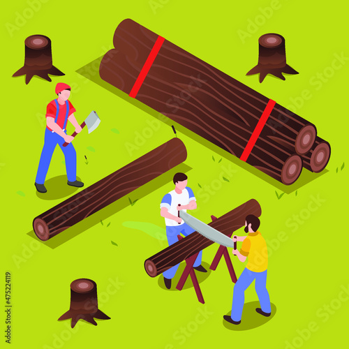 Worker work together cutting timber isometric 3d vector concept for banner, website, illustration, landing page, flyer, etc.
