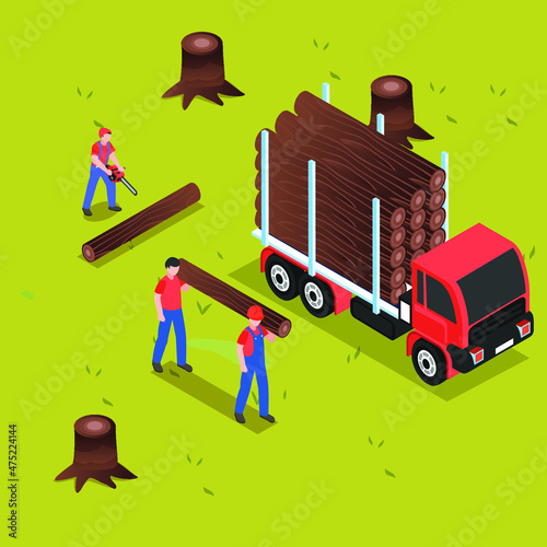 Logging Forestry Industry isometric 3d vector concept for banner, website, illustration, landing page, flyer, etc.