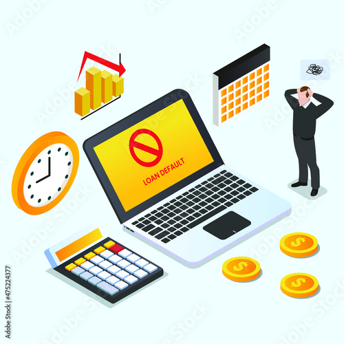 Troubled businessman with default loan isometric 3d vector concept for banner, website, illustration, landing page, flyer, etc.