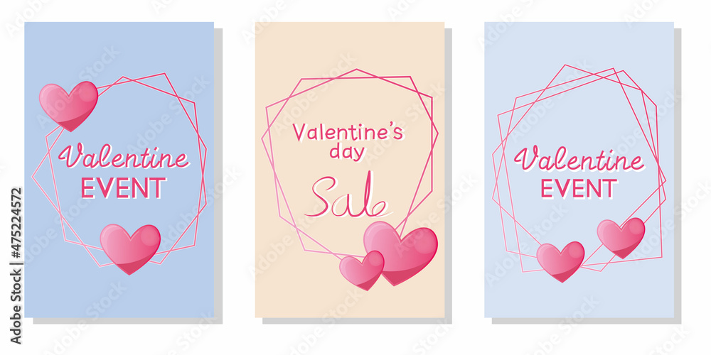 Set of Valentine's day event, sale frames. Valentine promotion, banner, event vector template collection. Vector illustration.