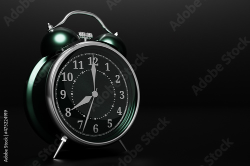 An green vintage alarm clock standing on the floor with a bright black background. 3d render illustration
