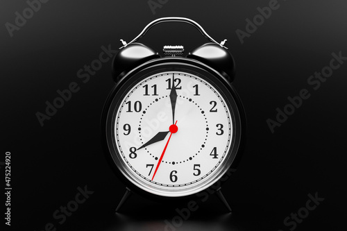 3d Illustration of a  silver alarm clock double bells in on a black background. Conceptual image of an alarm clock, rendered 3d photo