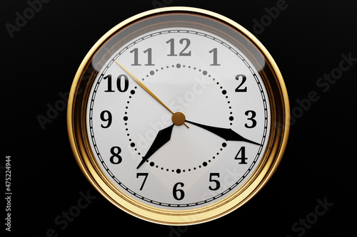 3d illustration of a round gold clock with numbers on black isolated background. Time concept