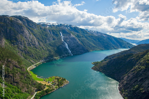 Landscape of the Langfoss waterfall and mountains in Akrafjorden, Norway photo