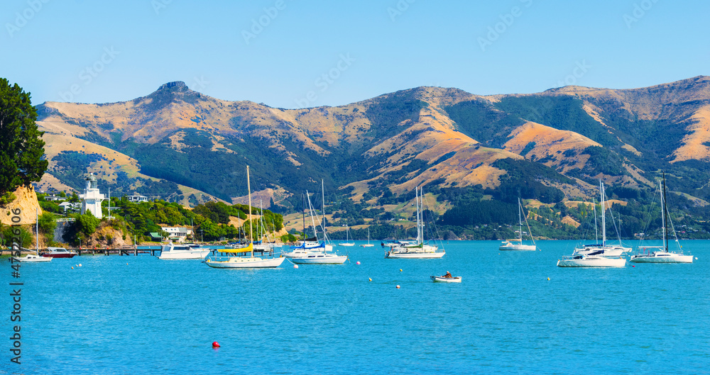 Boats at Akaroa Beach on the Banks Peninsula, southeast of Christchurch, South Island, New Zealand
