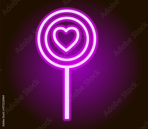 neon lollipop with heart. Valentines day icon. Vector illustration