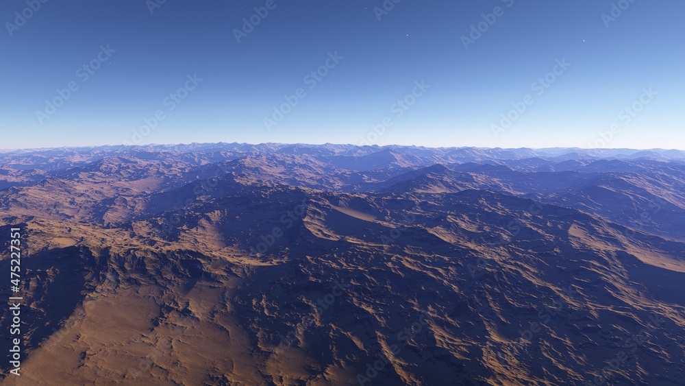 realistic surface of an alien planet, view from the surface of an exo-planet, canyons on an alien planet, stone planet, desert planet 3d render