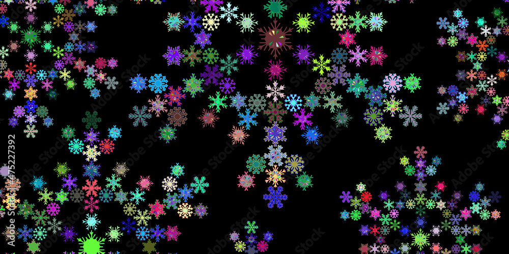 Multicolor snowflakes on dark background, banner. Winter vector background, christmas theme. 