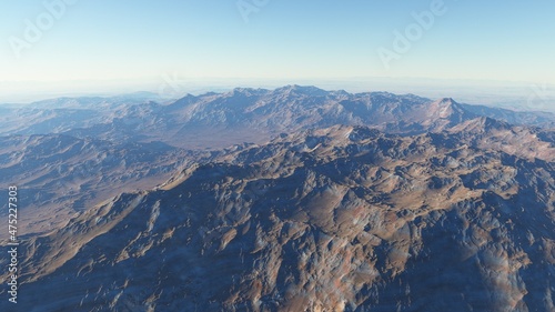 realistic surface of an alien planet, view from the surface of an exo-planet, canyons on an alien planet, stone planet, desert planet 3d render © ANDREI
