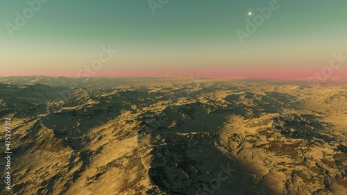 realistic surface of an alien planet  view from the surface of an exo-planet  canyons on an alien planet  stone planet  desert planet 3d render