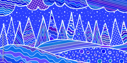 Abstract vector illustration. Stylization of a winter landscape: snowdrifts, trees, sky. Original textures.